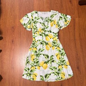 LOFT White and Yellow Lemon Print Dress
